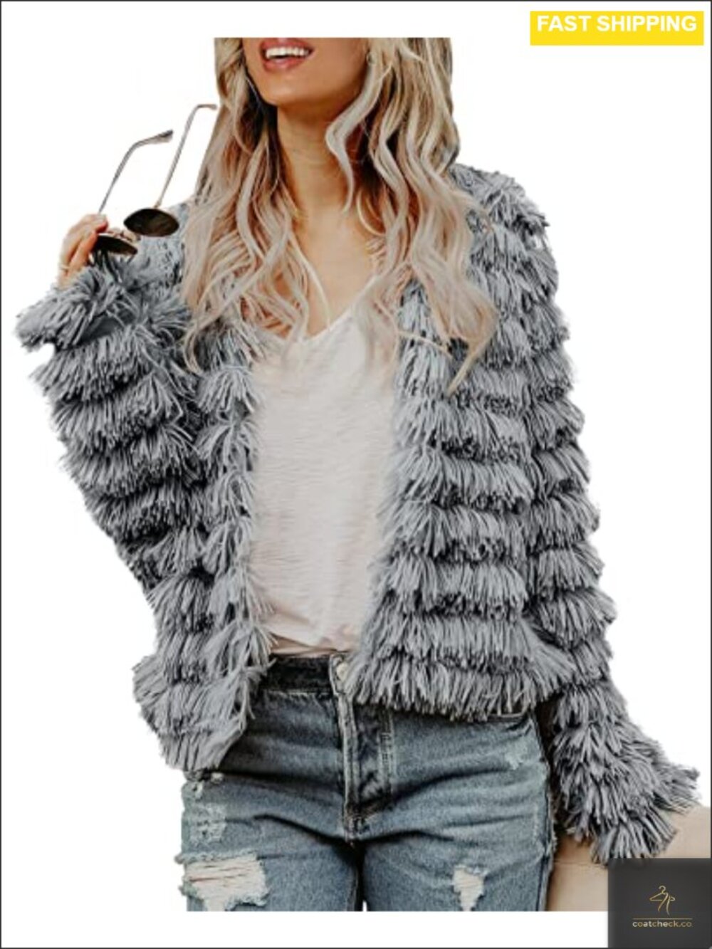 Faux Fur Open Front Cardigan Coat Long Sleeve Shawl Collar Loose Fit Warm
